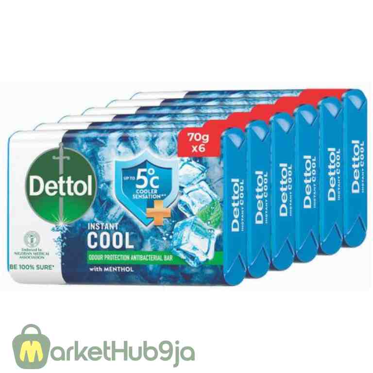Dettol Antibacterial Bathing Soap - Instant Cool 70g (Pack of 6) | Germ Protection